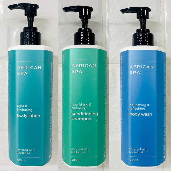 NEW - African Spa African Spa 400ml dispenser bottles and invisible brackets AVAILABLE FOR DELIVERY FROM 15 JANUARY 2025